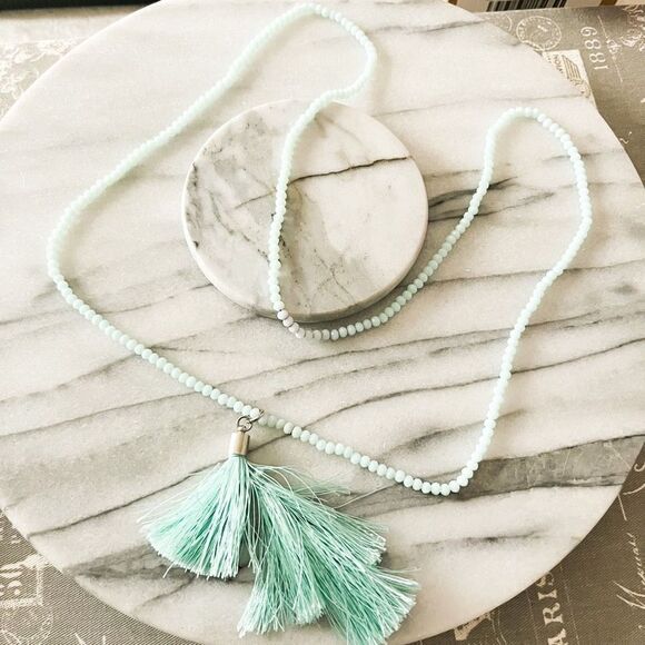 Semiprecious Stone Necklace Beaded Light Blue Tassel Accent Pendant Boho Earthy - Picture 1 of 4